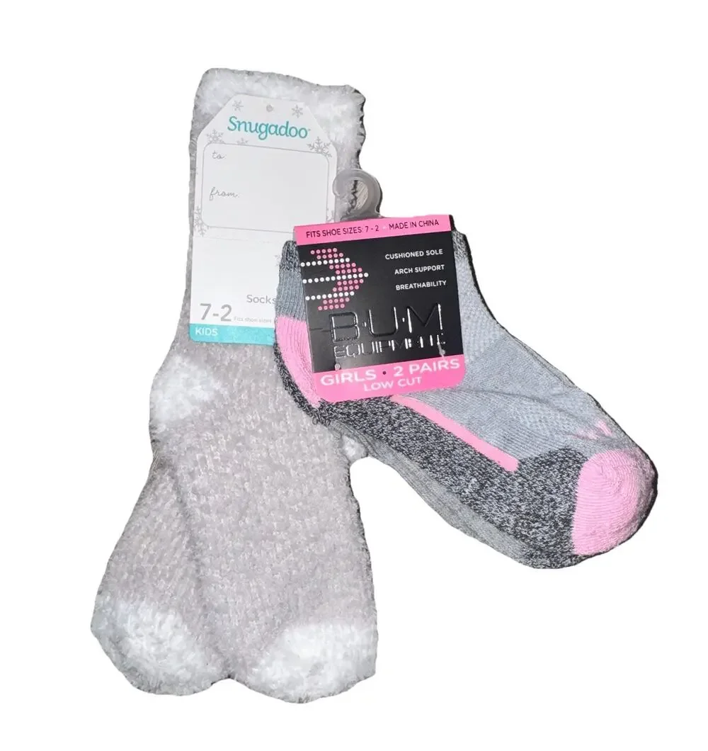 Girls Sock Lot Snugadoo Fuzzy Socks Bum Equipment Athletic Low Cut Size 7-2 NWT